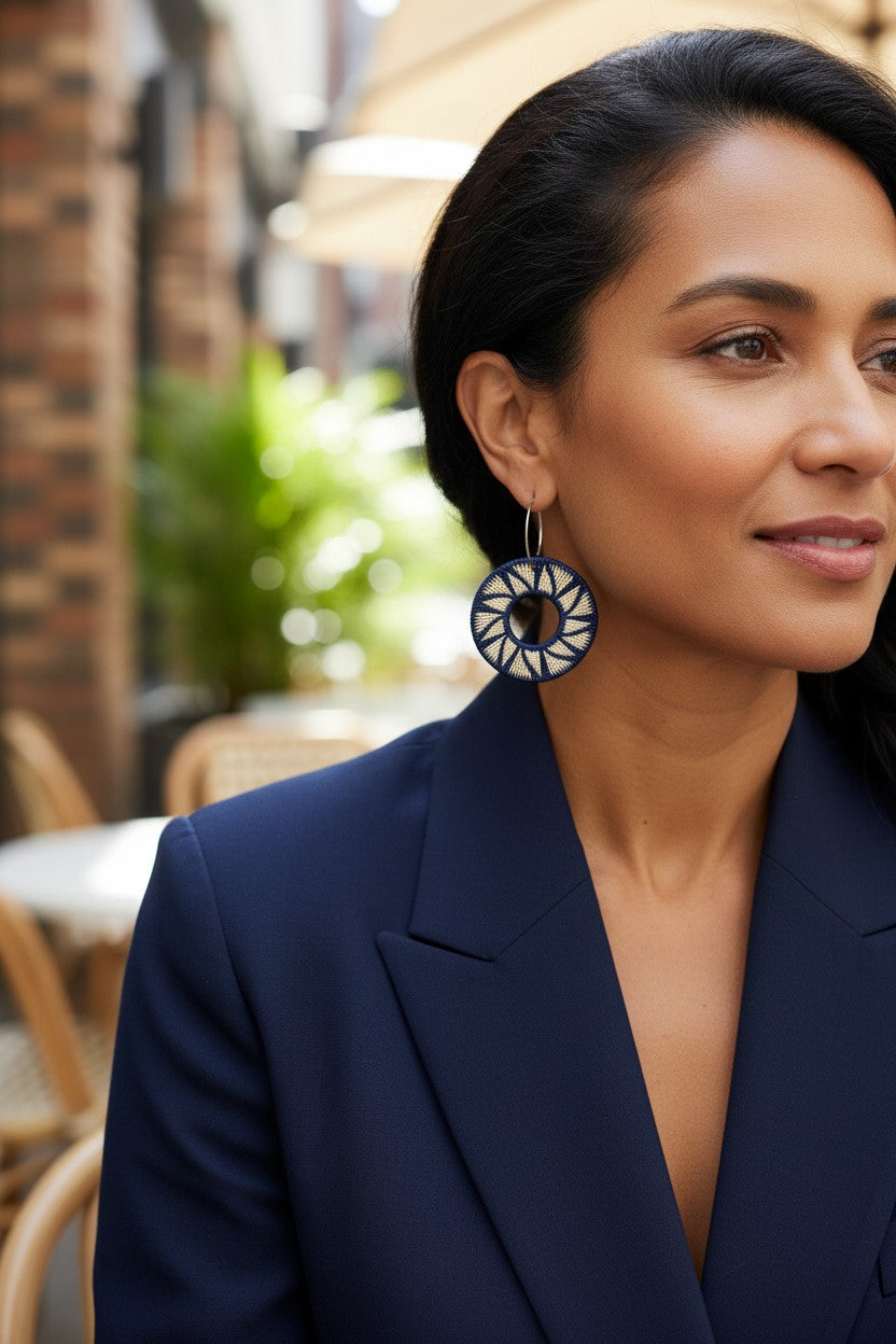 Navy Round Earrings-TAVWE