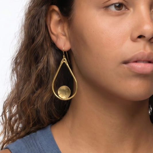 Open Teardrop with Disc Brass Earrings | Shani Ecodunia