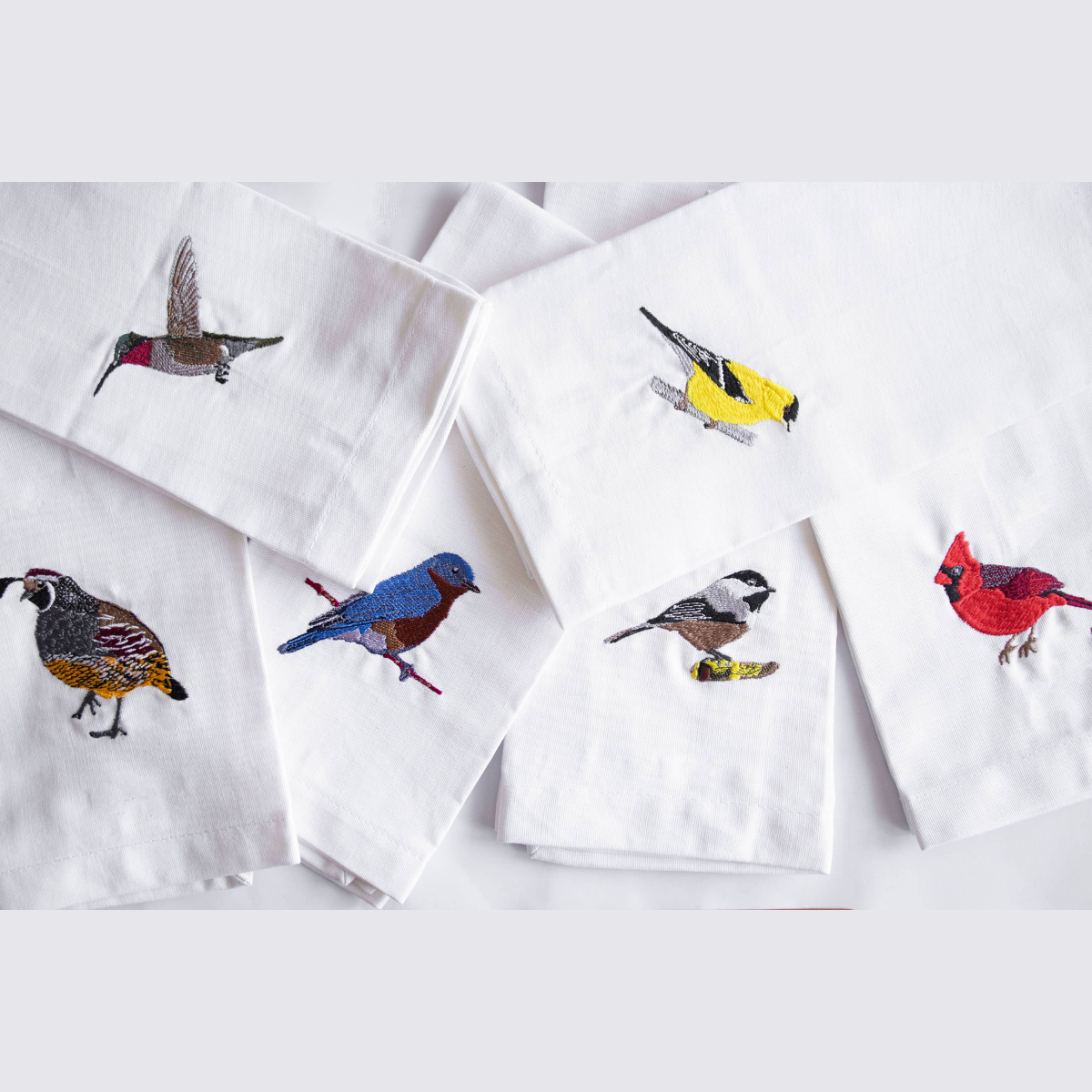 Goldfinch Bird embroidered cotton kitchen tea towel detail #birds_goldfinch