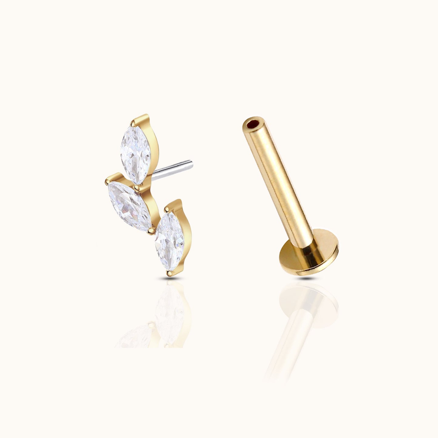 Oval CZ Leaves Branch Threadless Labret Titanium PVD Gold Flat Back Earring