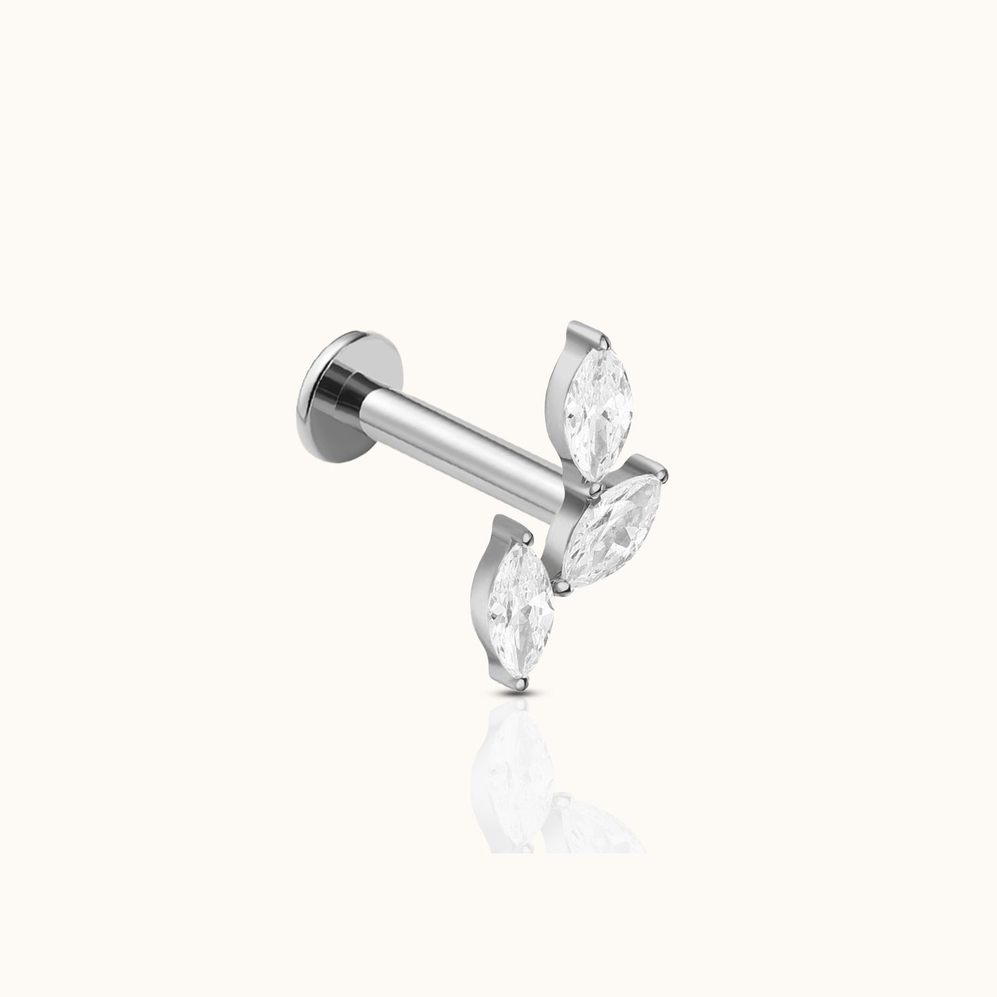 Oval CZ Leaves Branch Threadless Labret Titanium Flat Back Earring