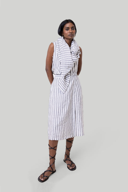 Overlap Midi Skirt in Linen Stripes
