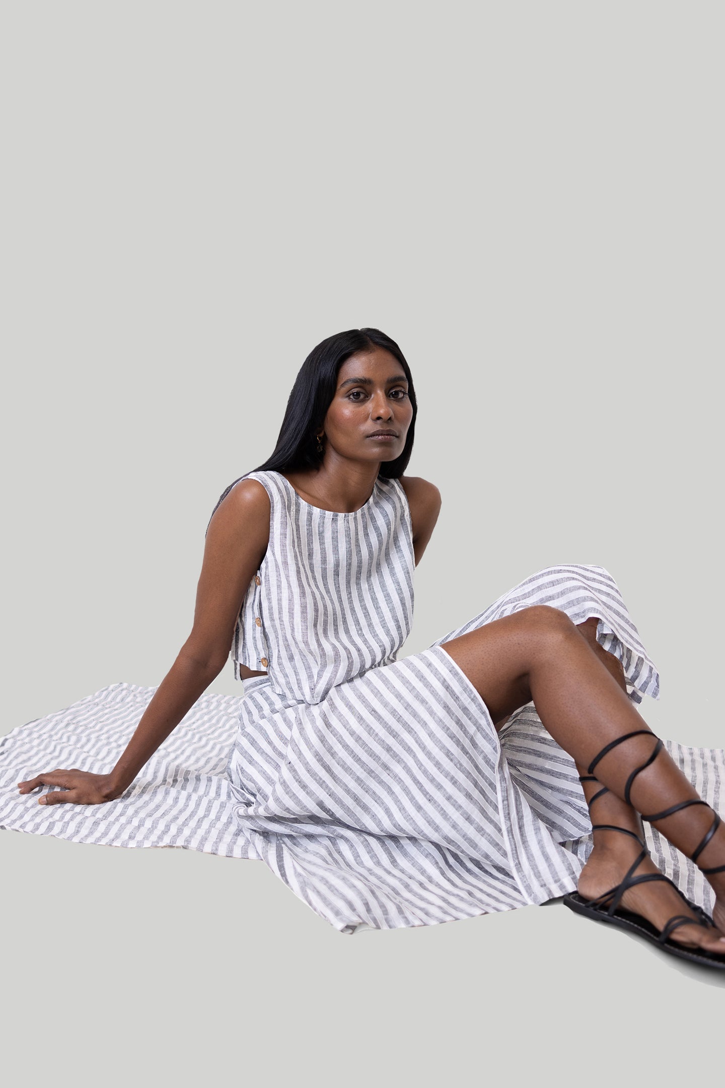 Overlap Midi Skirt in Linen Stripes