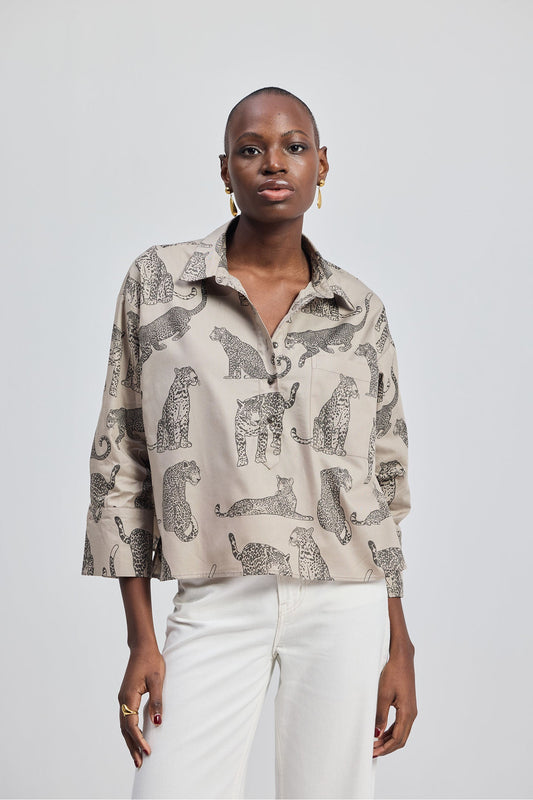Oversized Cropped Front-buttoned Shirt In Animal Print