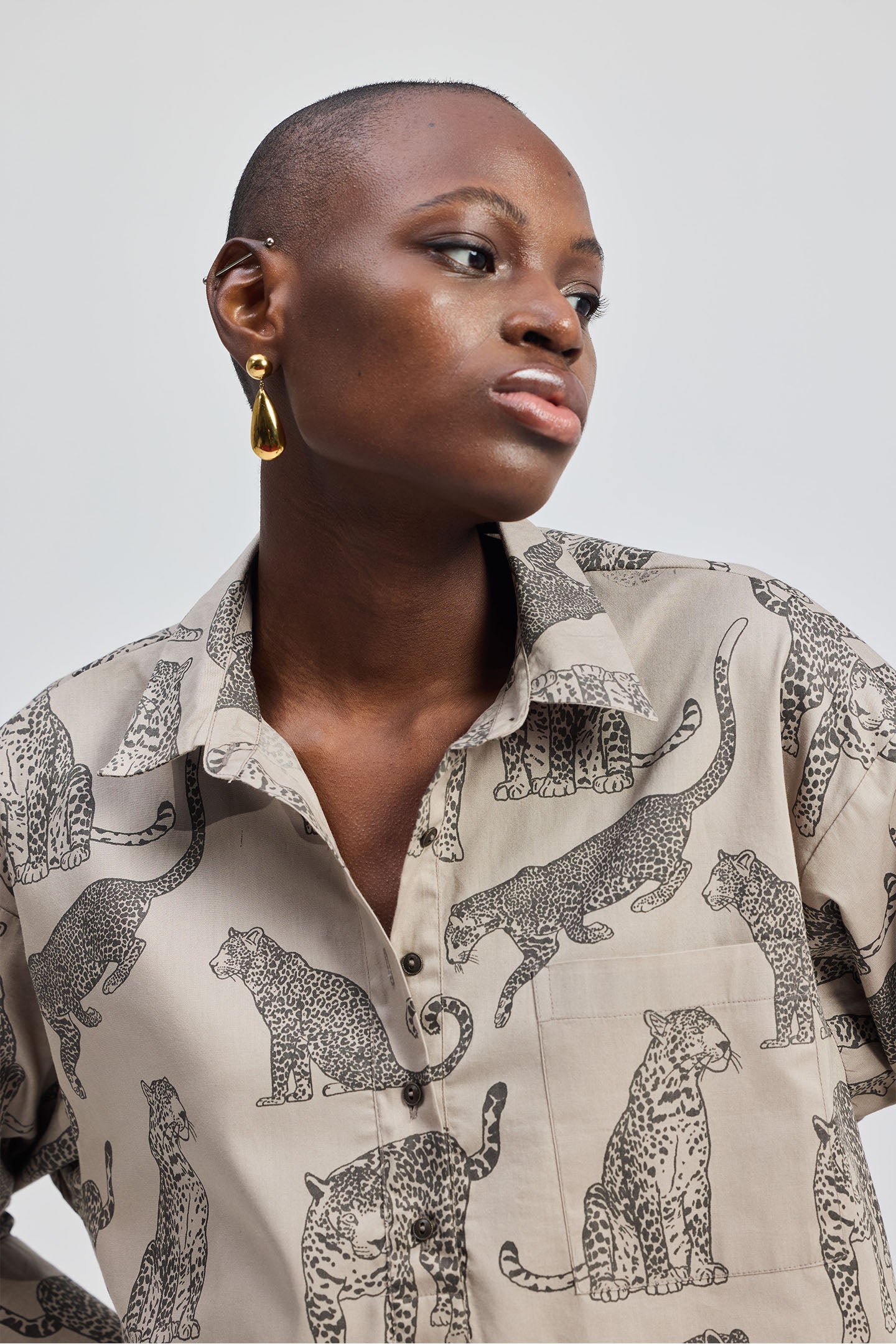 Oversized Cropped Front-buttoned Shirt In Animal Print