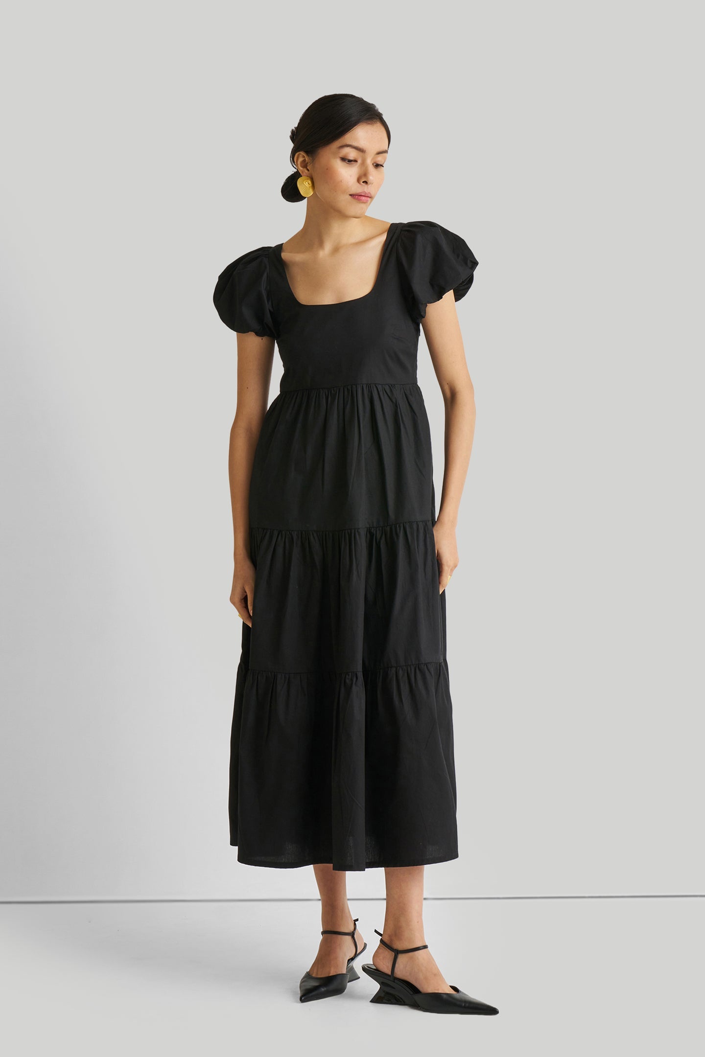 Puff Sleeved Tiered Maxi Dress in Black Front