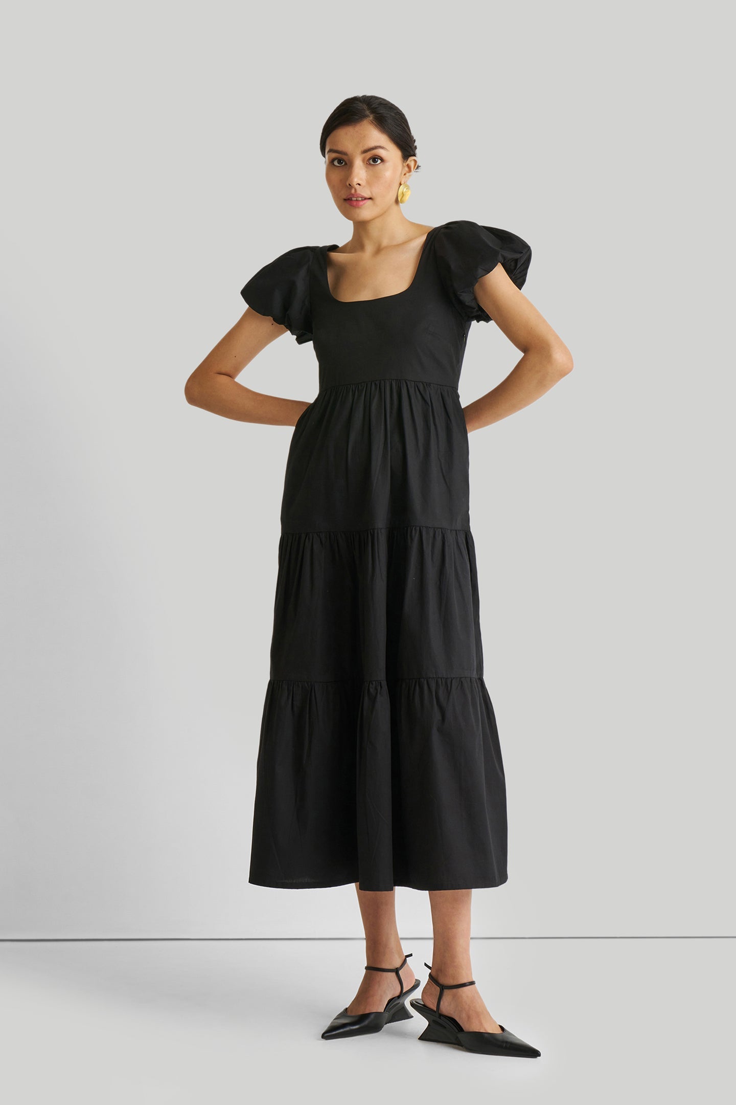 Puff Sleeved Tiered Maxi Dress in Black Front