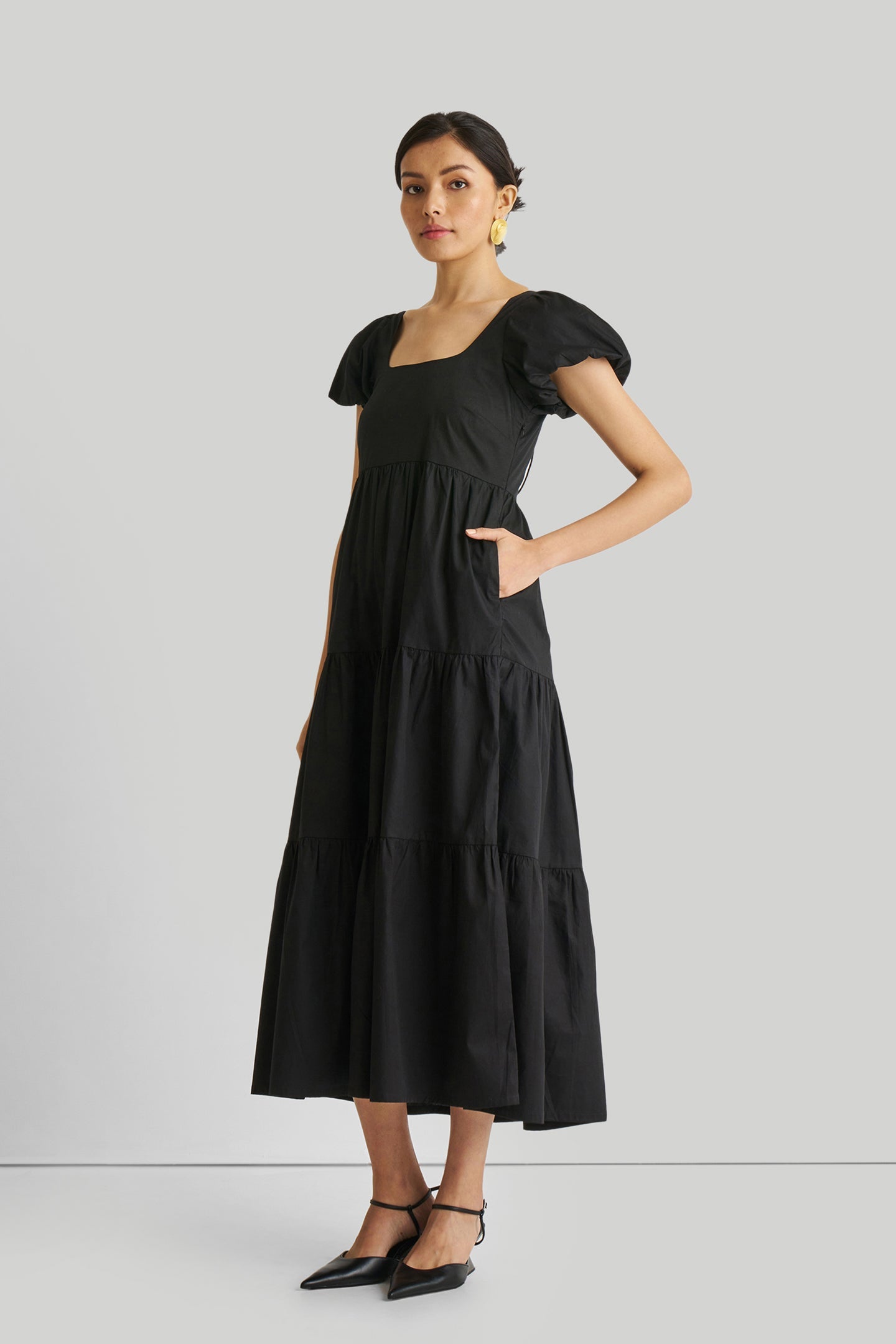 Puff Sleeved Tiered Maxi Dress in Black Side