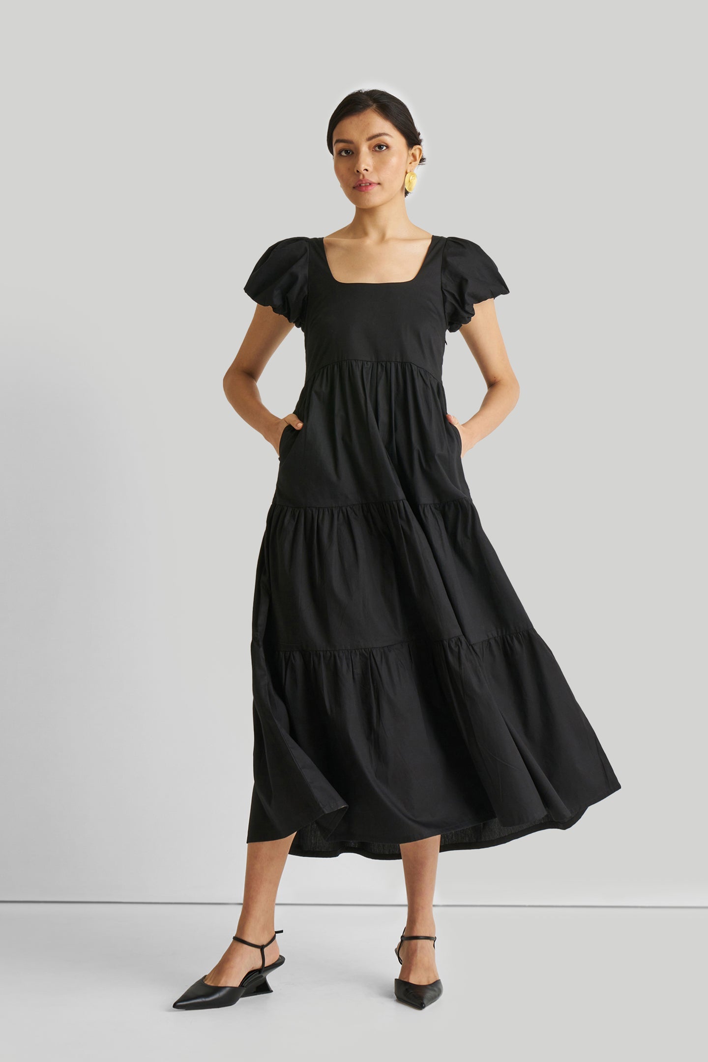 Puff Sleeved Tiered Maxi Dress in Black Front