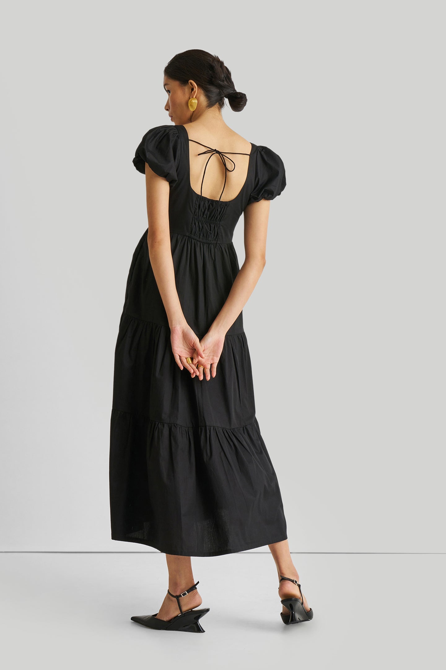 Puff Sleeved Tiered Maxi Dress in Black Back