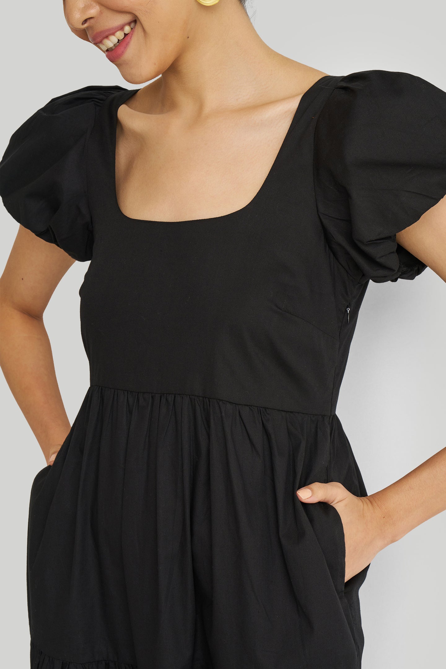 Puff Sleeved Tiered Maxi Dress in Black Closeup