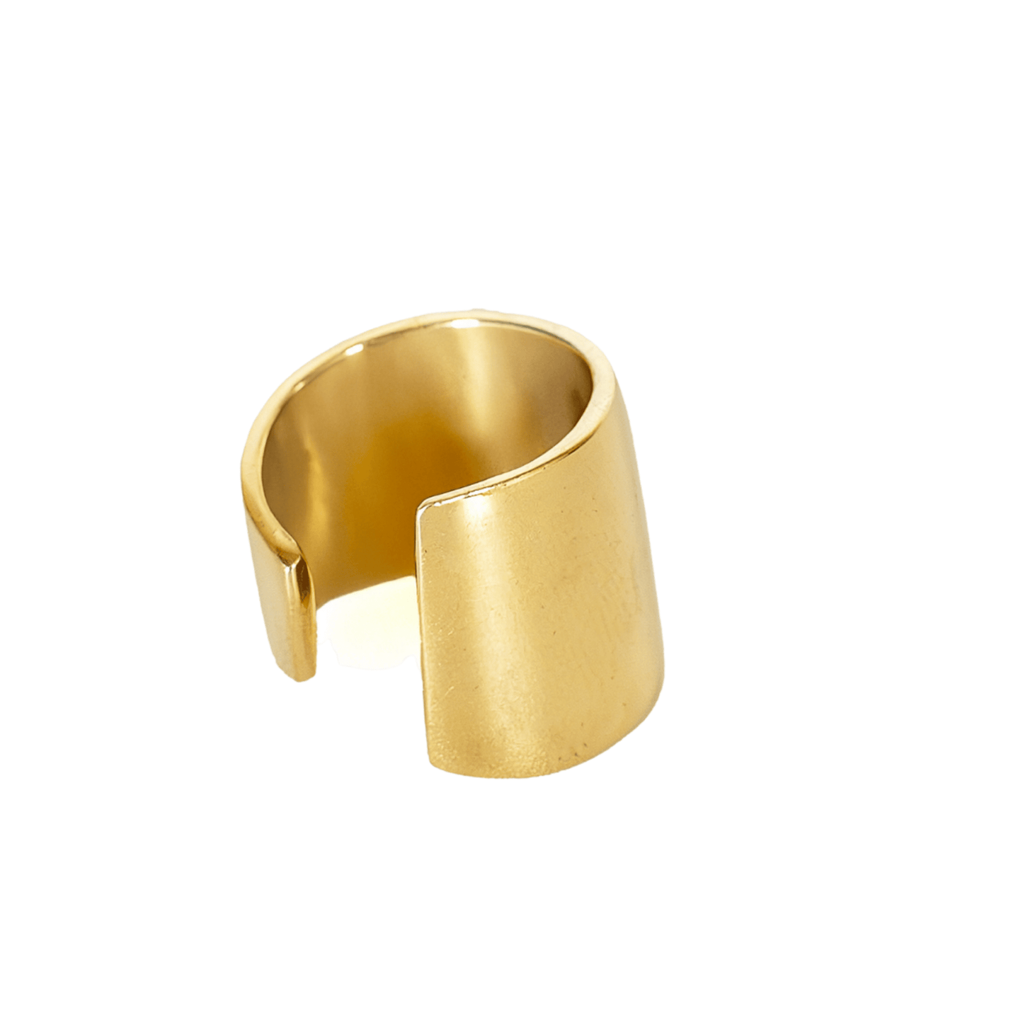 Penda brass wide band ring worn on hand showing open back cuff design