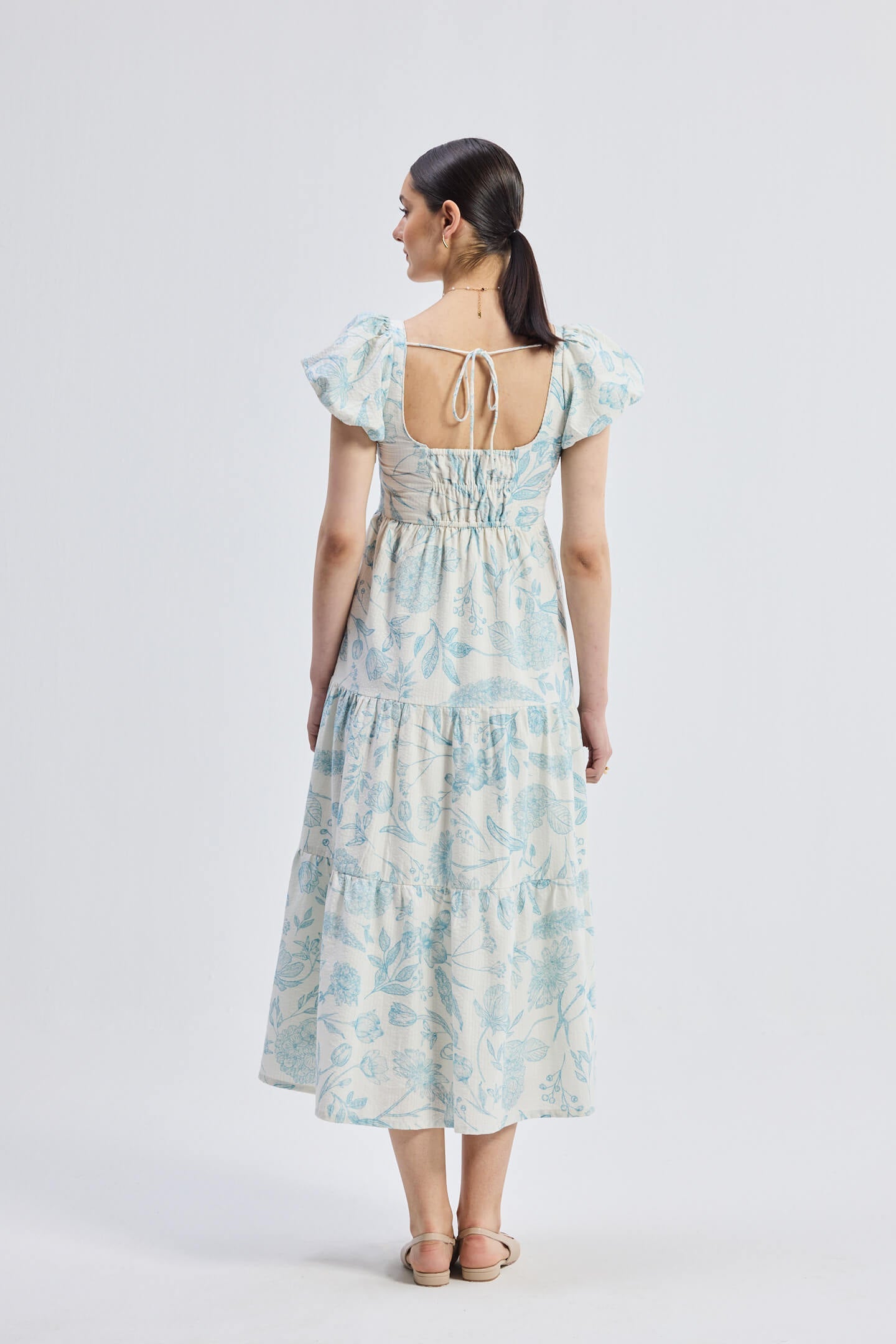 Puff Sleeve Tiered Maxi Dress in Blue Florals Back