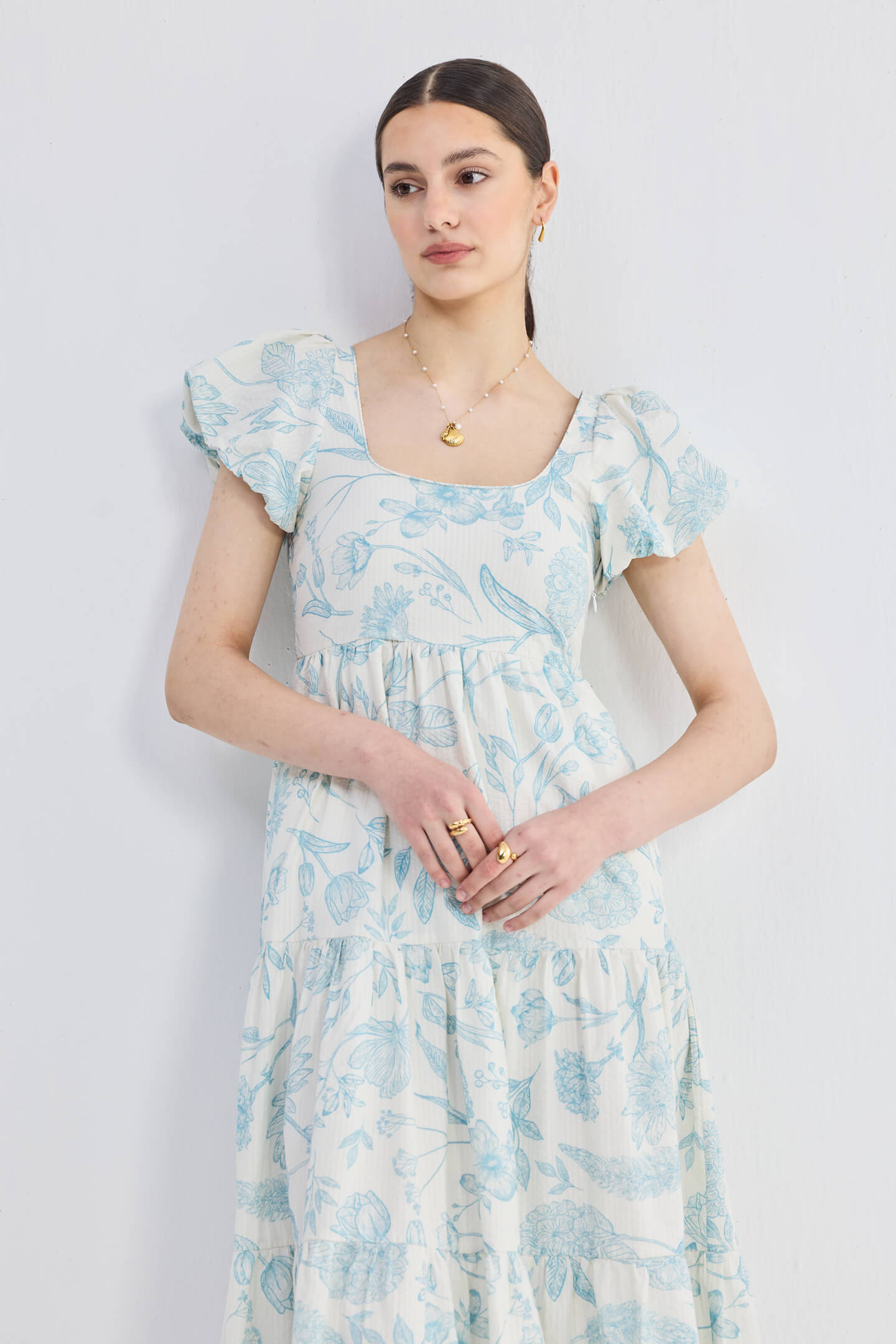 Puff Sleeve Tiered Maxi Dress in Blue Florals Front