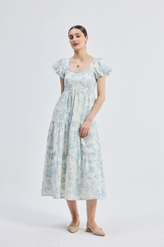 Puff Sleeve Tiered Maxi Dress in Blue Florals Front