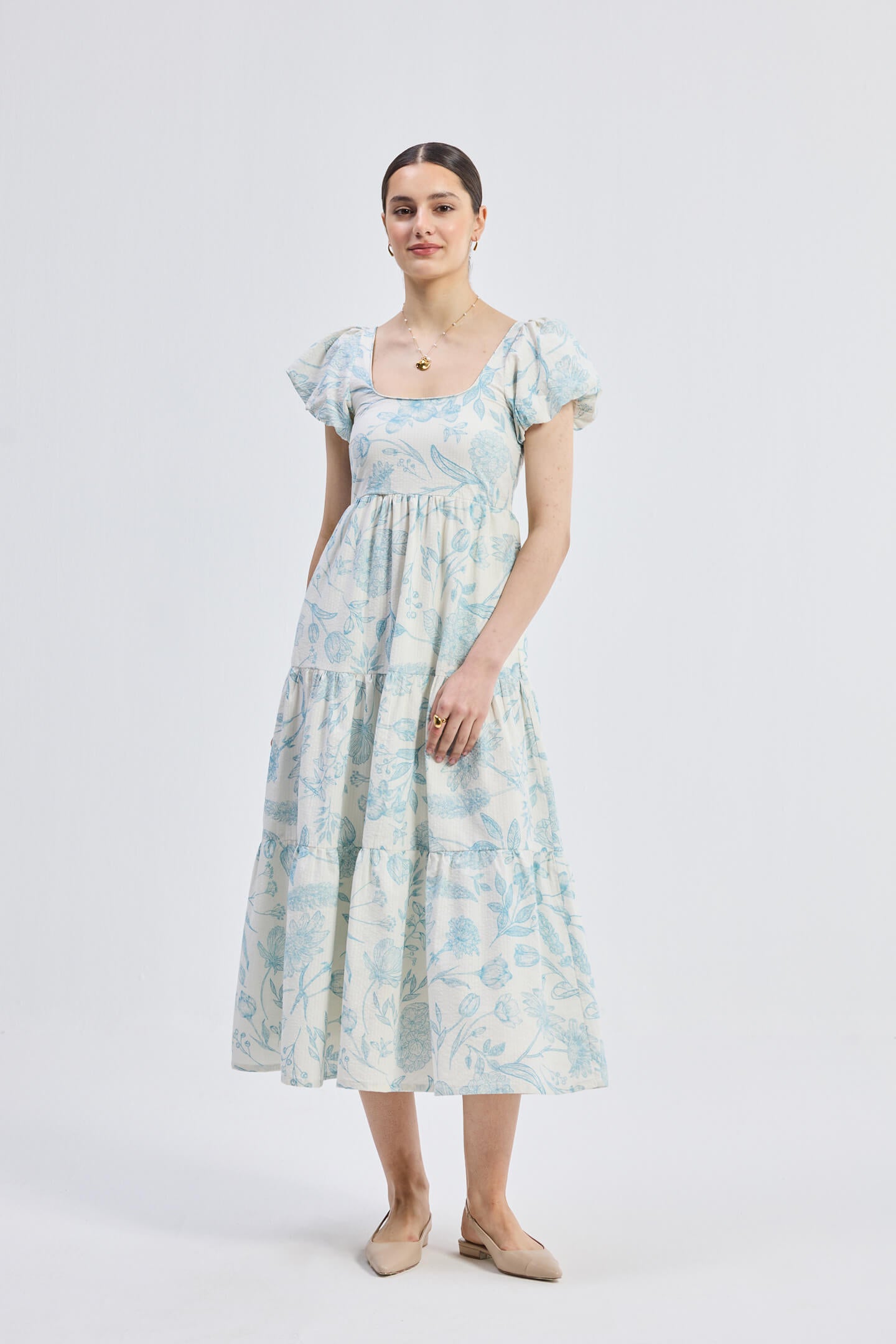 Puff Sleeve Tiered Maxi Dress in Blue Florals Side