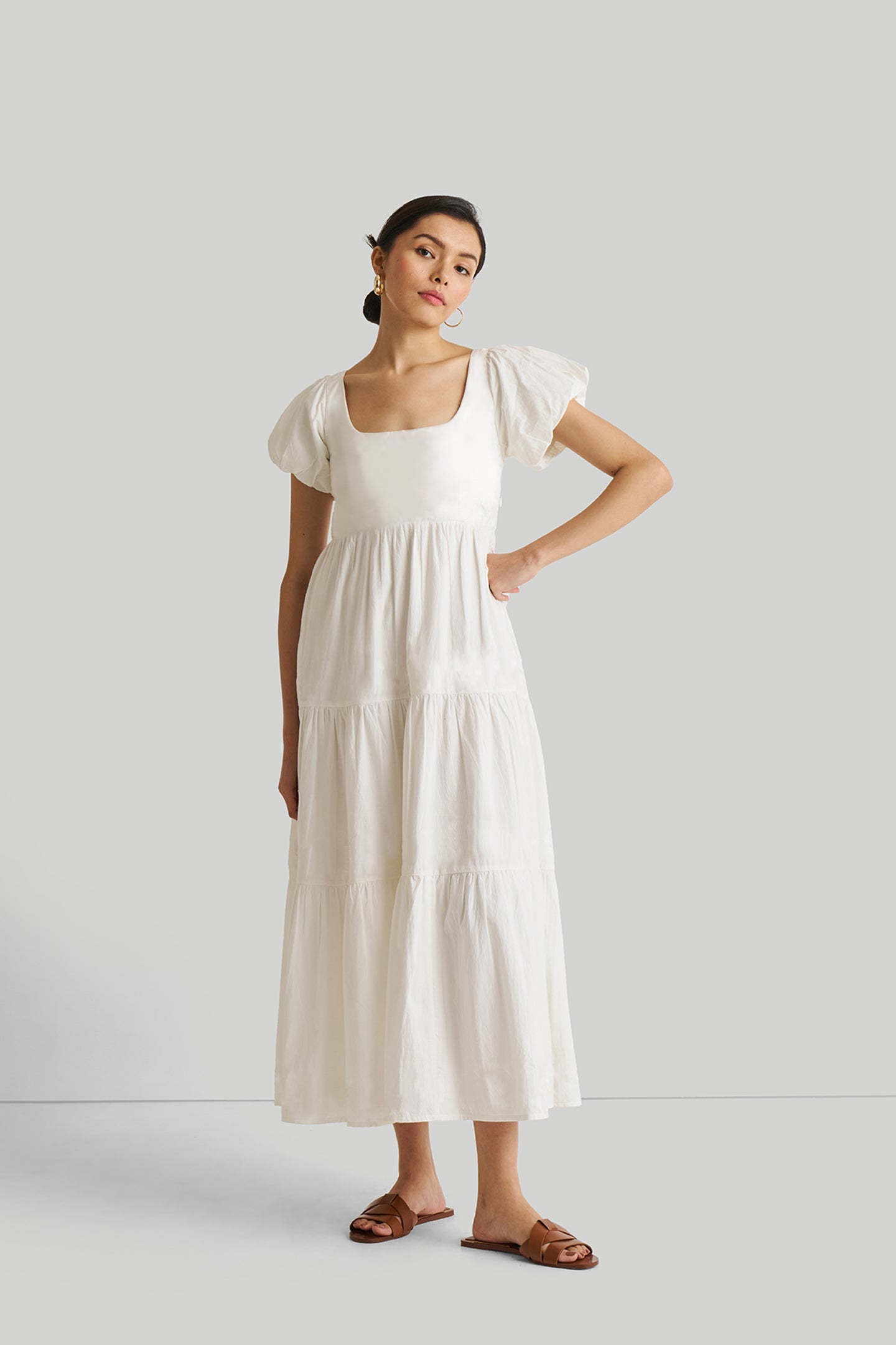 Puff Sleeve Tiered Dress in White