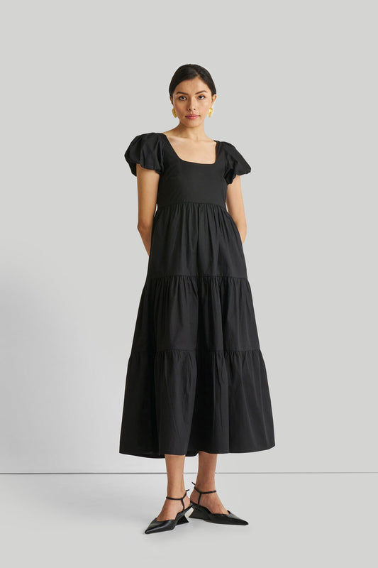 Puff Sleeved Tiered Maxi Dress in Black Front