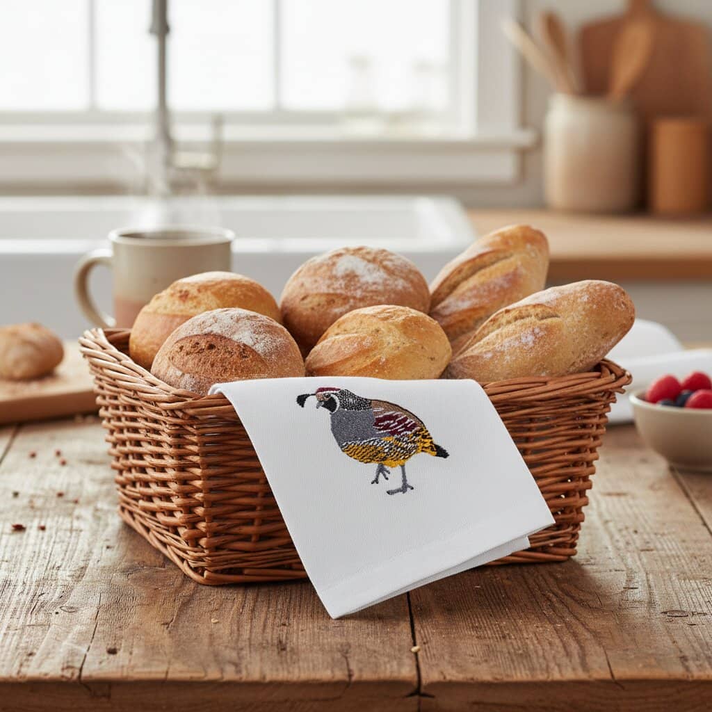 Bird embroidered handmade cotton kitchen tea towel #birds_quail