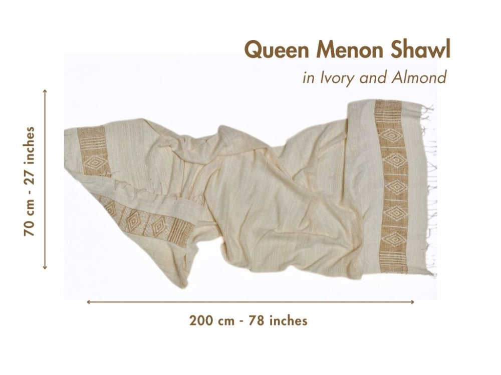 Queen Menon Shawl in Ivory and Almond with dimensions on a white background