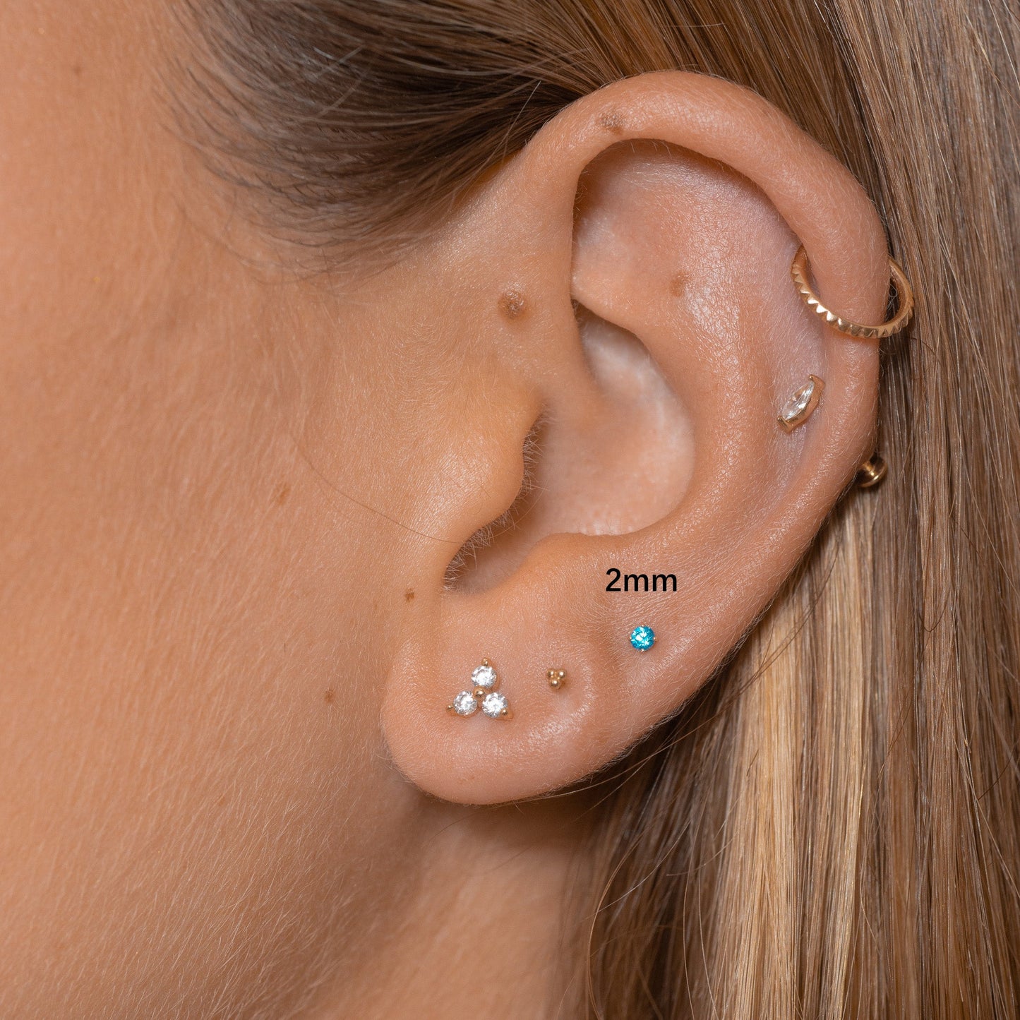 14K Solid Gold 2mm White CZ Threadless Labret Flat Back Earring