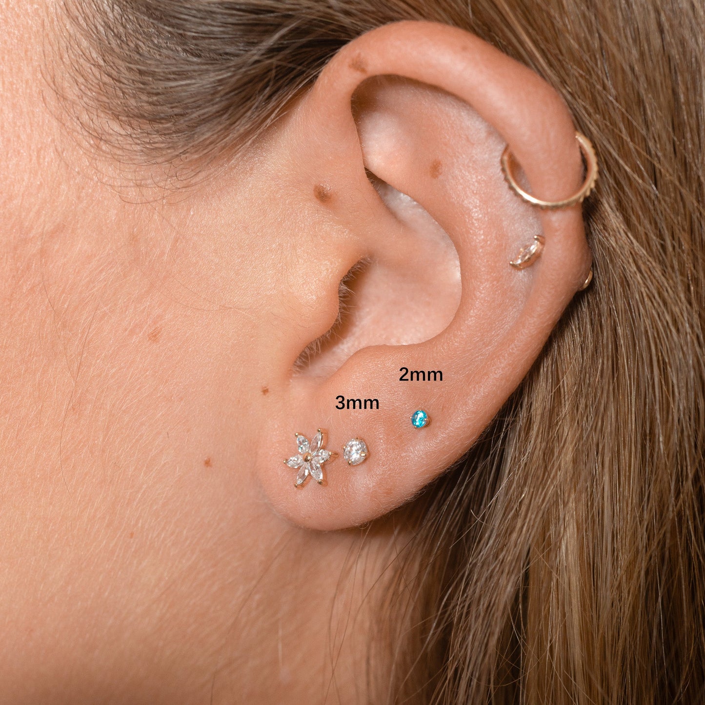 14K Solid Gold 2mm Aquamarine CZ Threadless Labret Flat Back Earring
