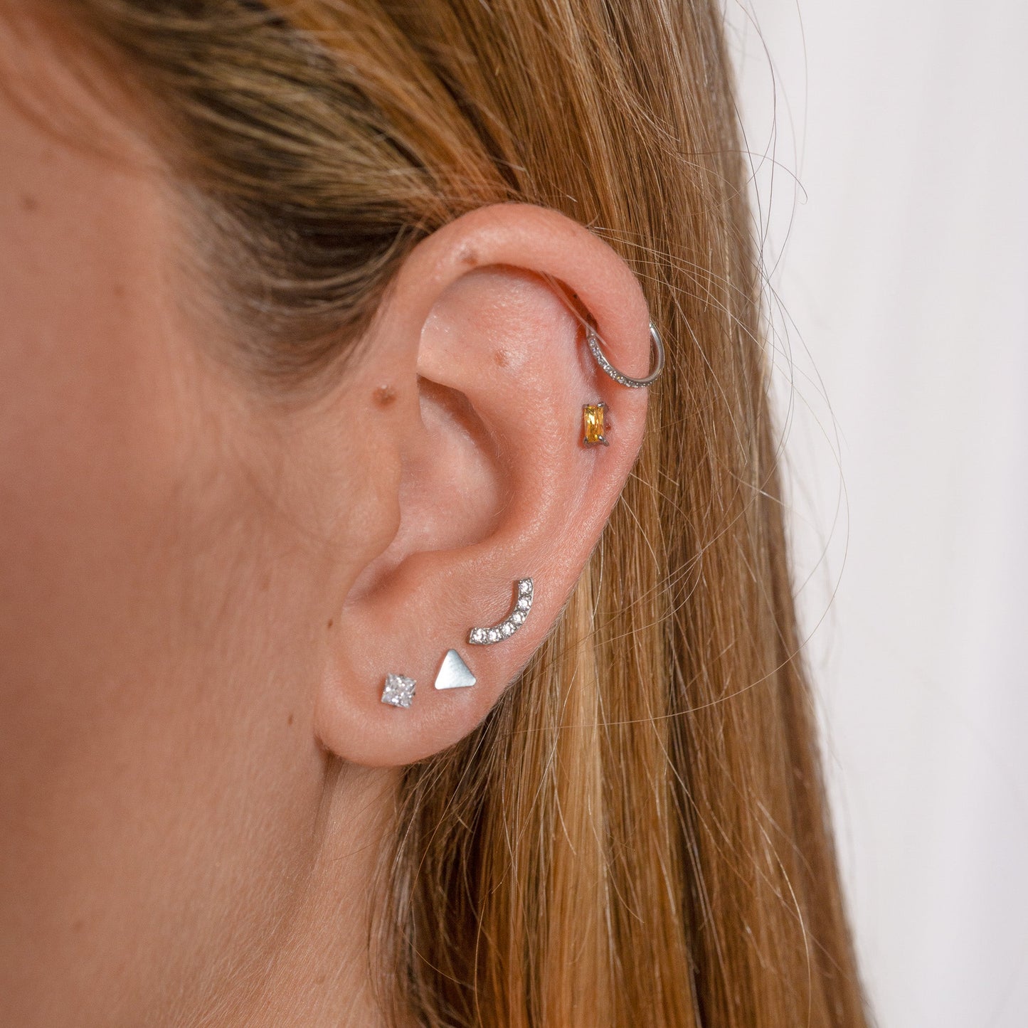 Smiley Curved Bridge White CZ Threadless Labret Titanium Flat Back Earring