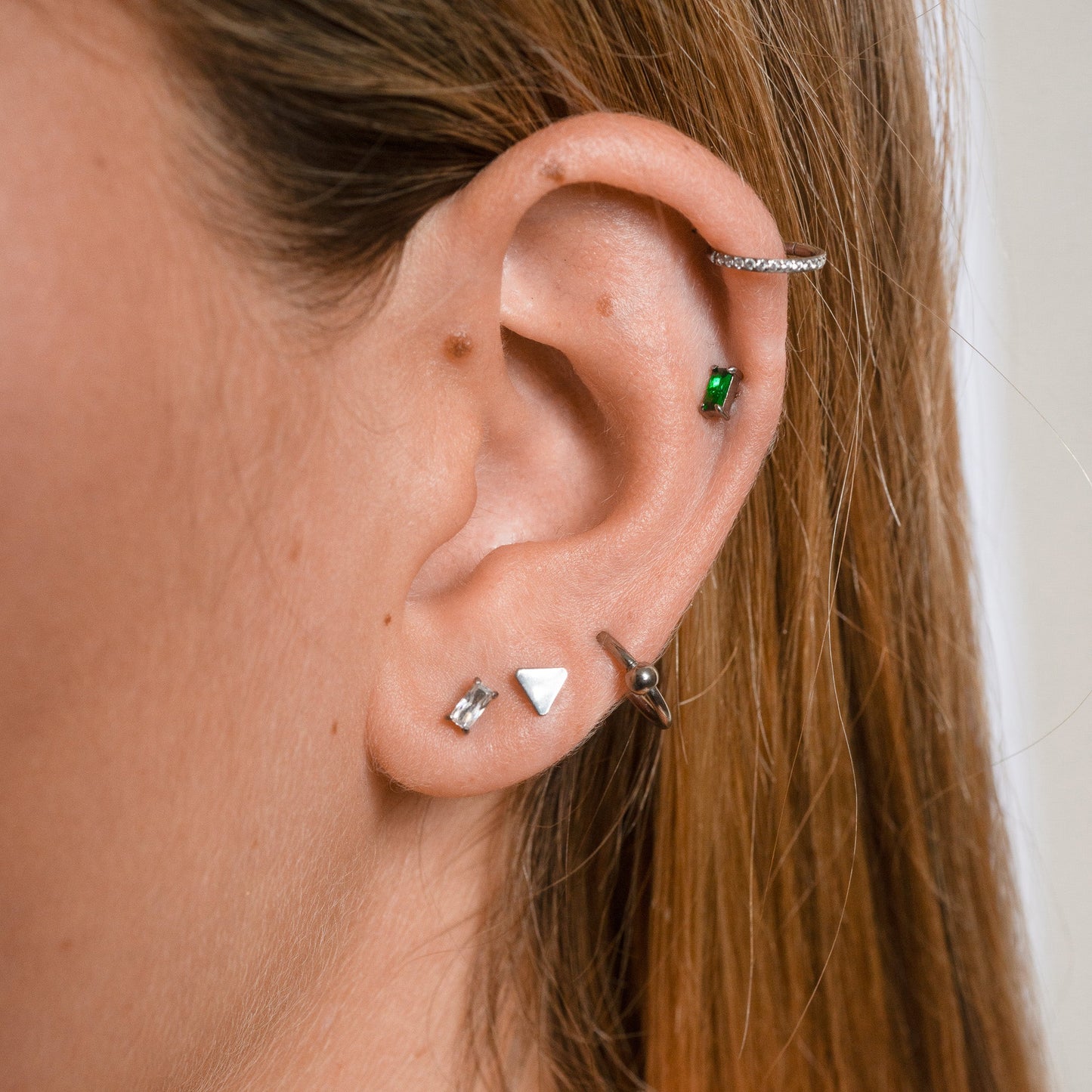 Rectangle Green CZ Threadless Labret Titanium Flat Back Earring