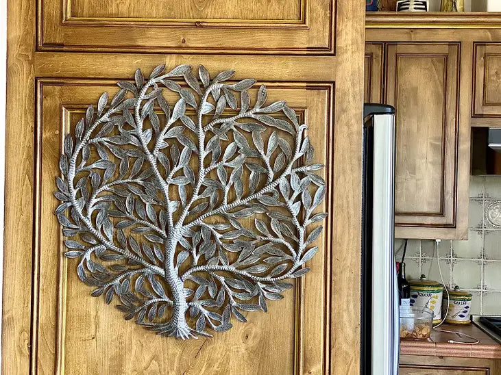 Tree of Life Wall Plaque, Metal Hanging Home Decor, Organic Summer Tree, 23 Inches Round Indoor Outdoor Sculpture