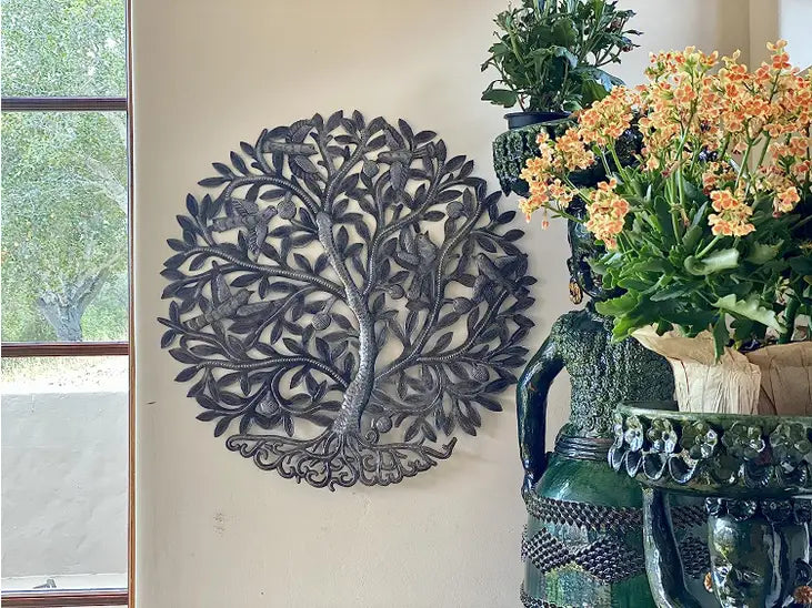 Tree of Life Wall Plaque, Metal Hanging Home Decor, Organic Summer Tree, 23 Inches Round Indoor Outdoor Sculpture