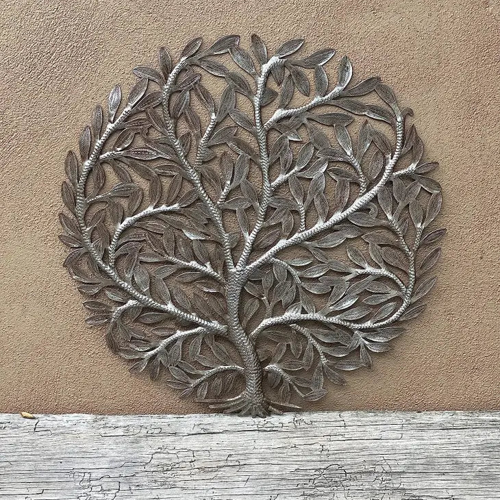 Tree of Life Wall Plaque, Metal Hanging Home Decor, Organic Summer Tree, 23 Inches Round Indoor Outdoor Sculpture