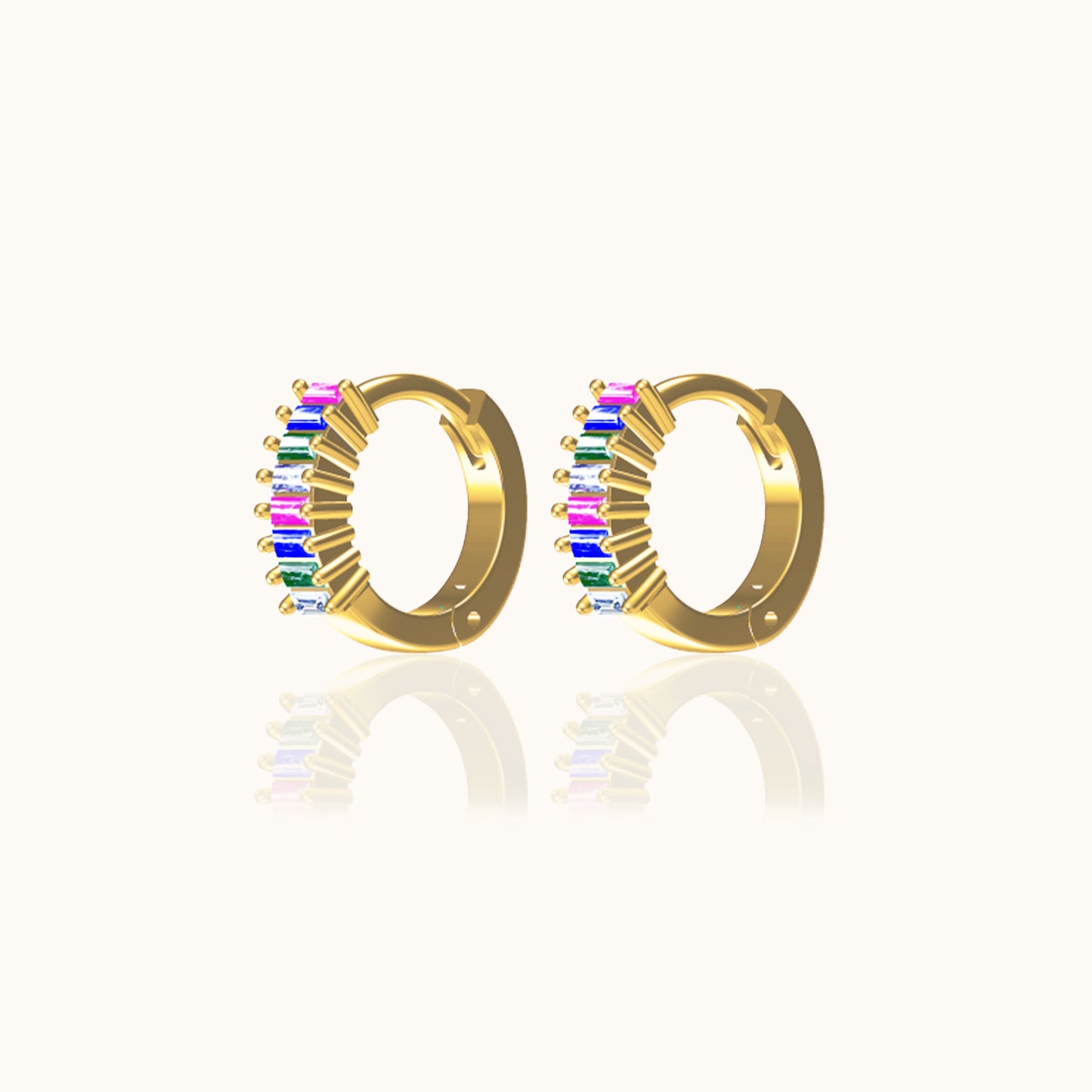 Rainbow Colored Baguette CZ Pave Huggie Hoop Earrings
