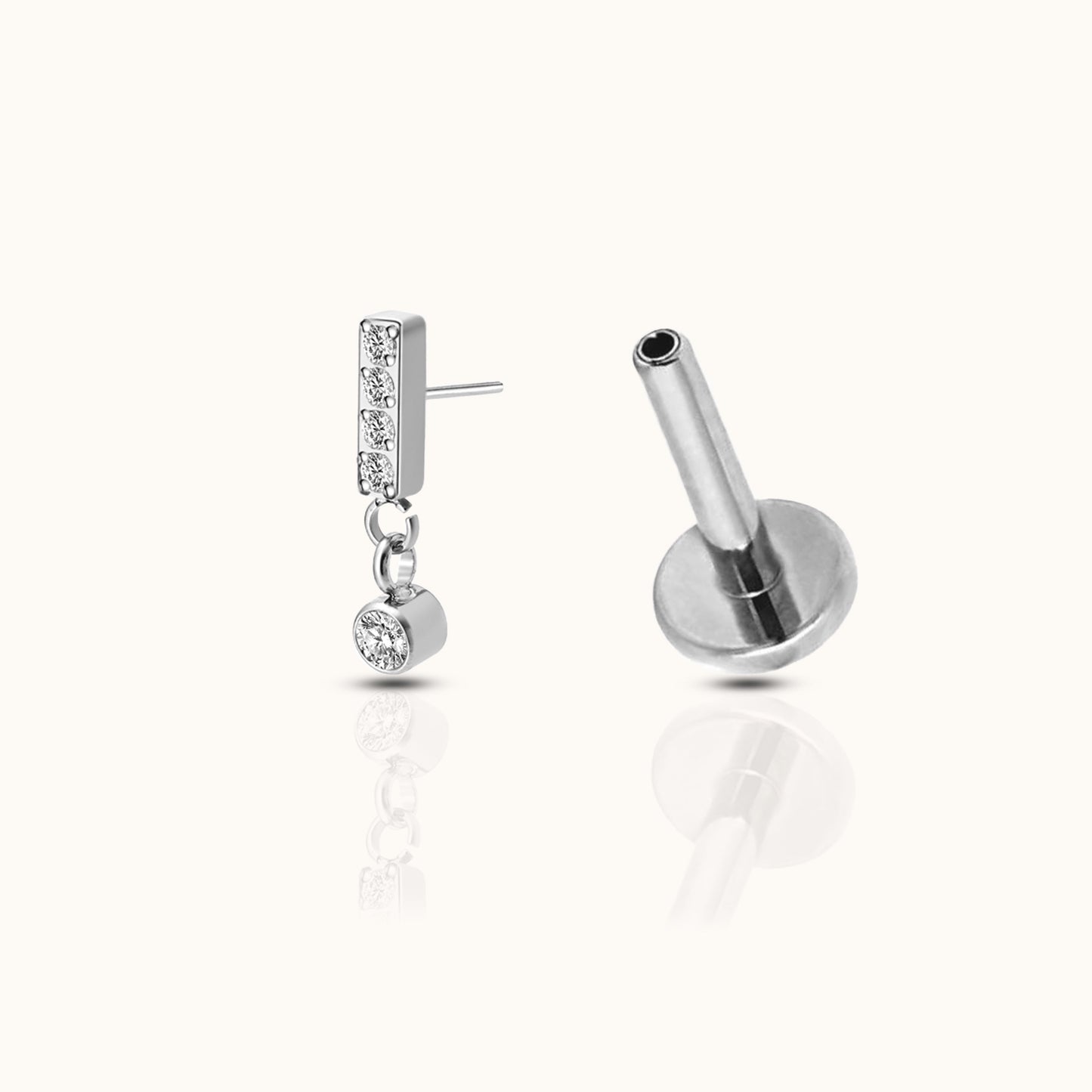 Rectangle Bar Dangle CZ Threadless Labret Titanium Flat Back Earring