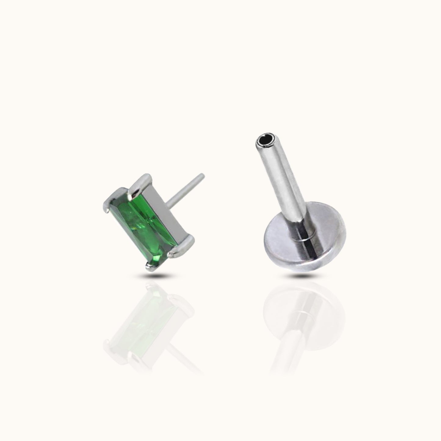 Rectangle Green CZ Threadless Labret Titanium Flat Back Earring