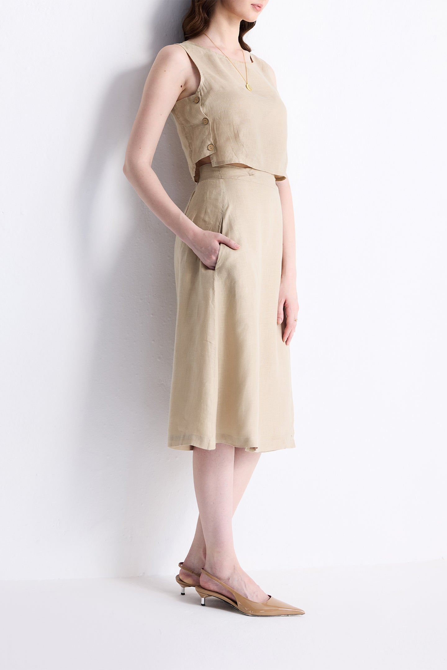Overlap Midi Skirt in Neutral Beige Long Shot