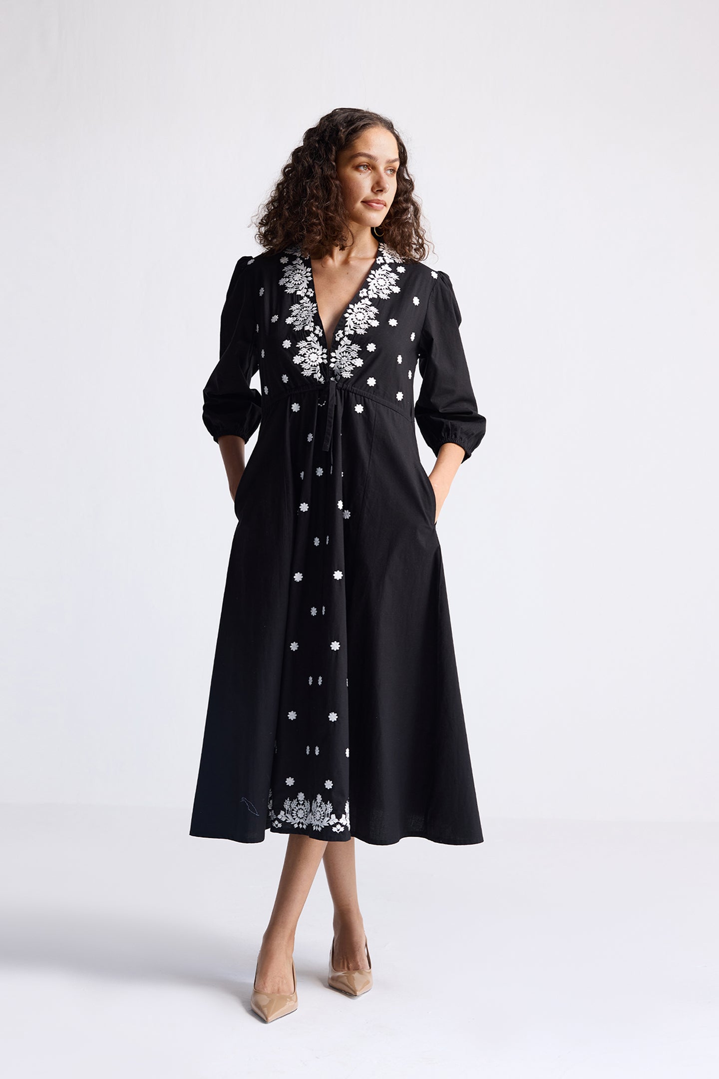 Drawstring Embroidered Dress in Black Long Shot