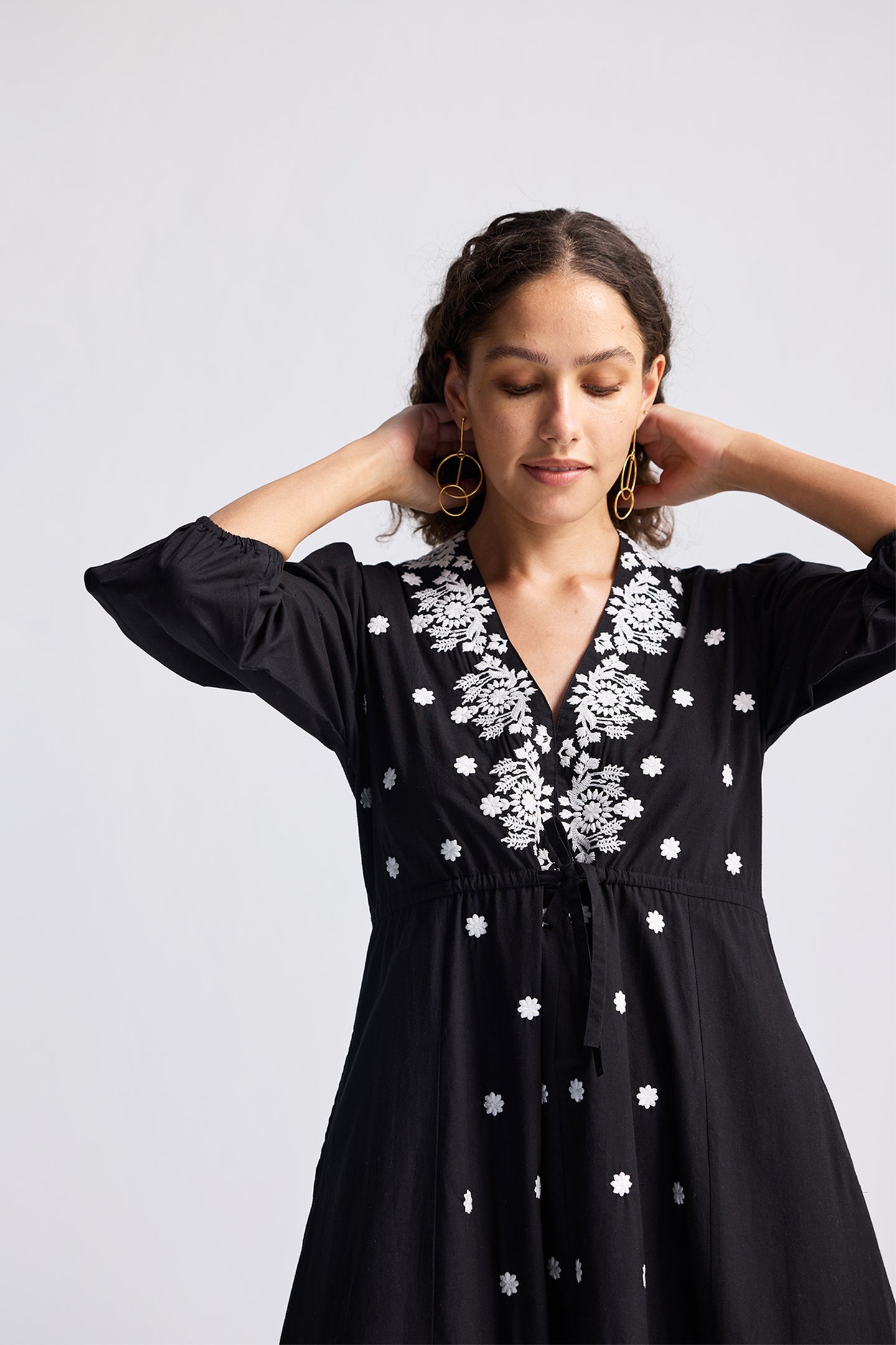 Drawstring Embroidered Dress in Black Medium Shot