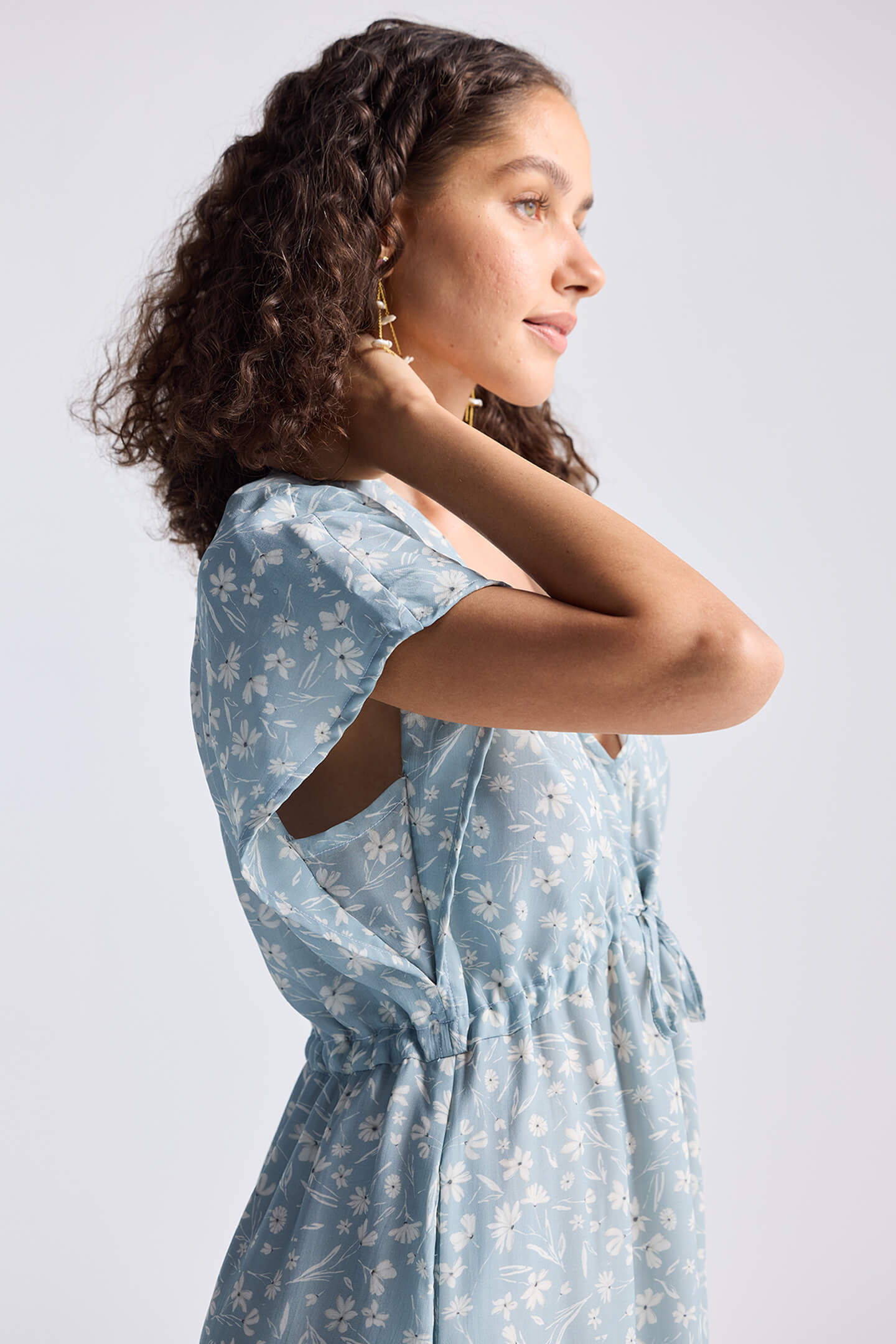 Gathered Maxi Dress in Light Blue Florals Closeup