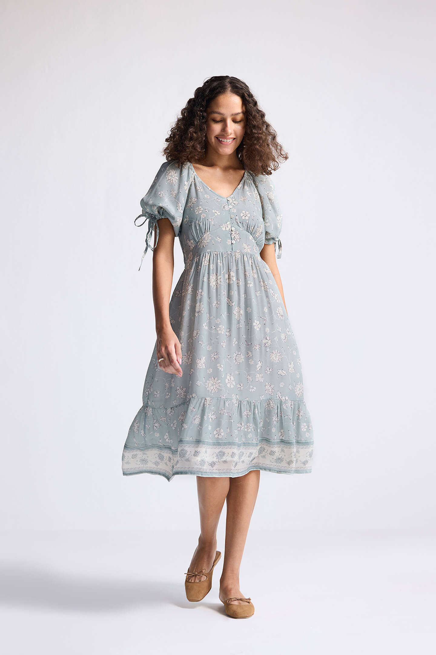Puff Sleeve Midi Dress in Sage Green Longshot