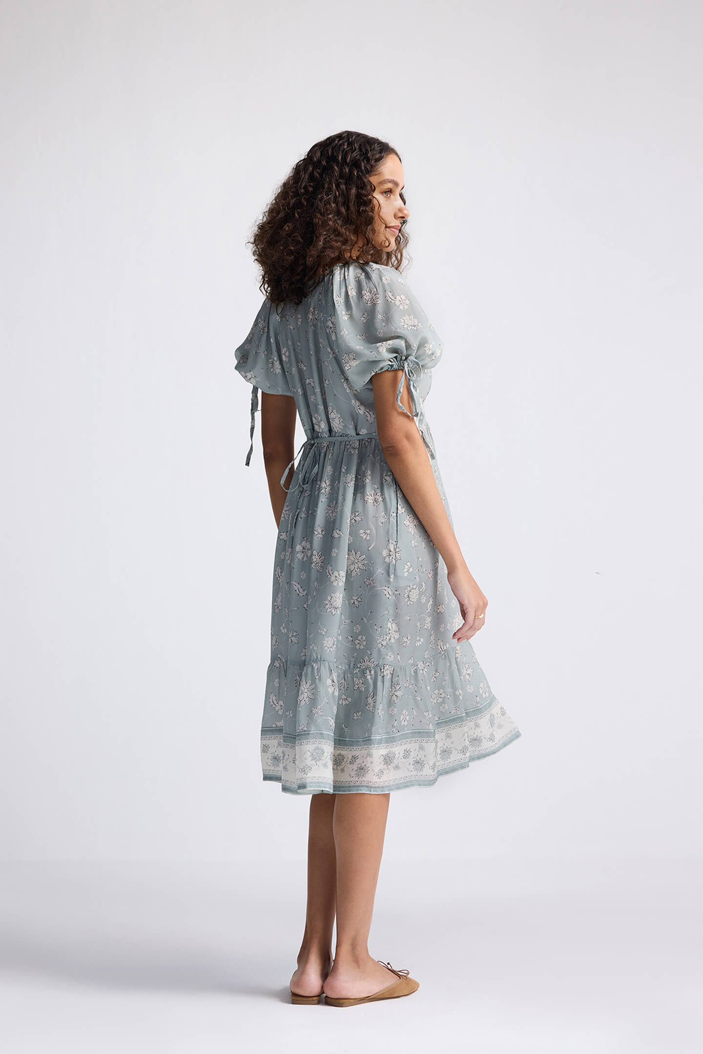 Puff Sleeve Midi Dress in Sage Green Long Shot