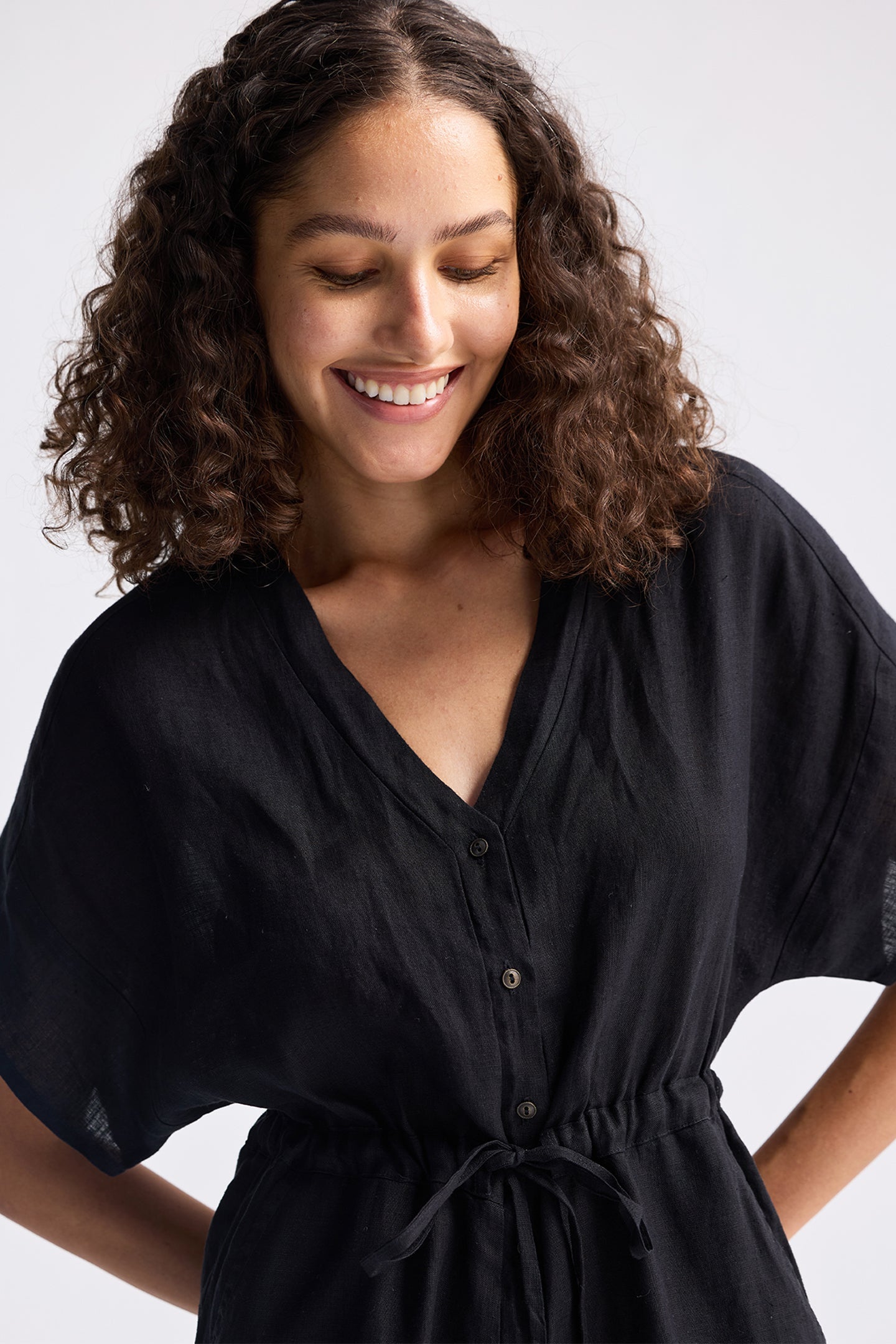 V neck Drawstring Romper in Black Closeup