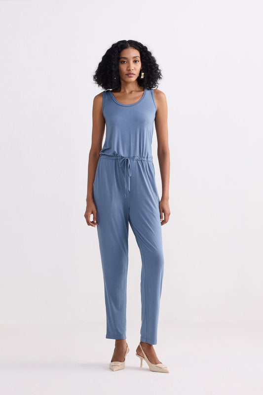 Relaxed Drawstring Jumpsuit in Blue Front