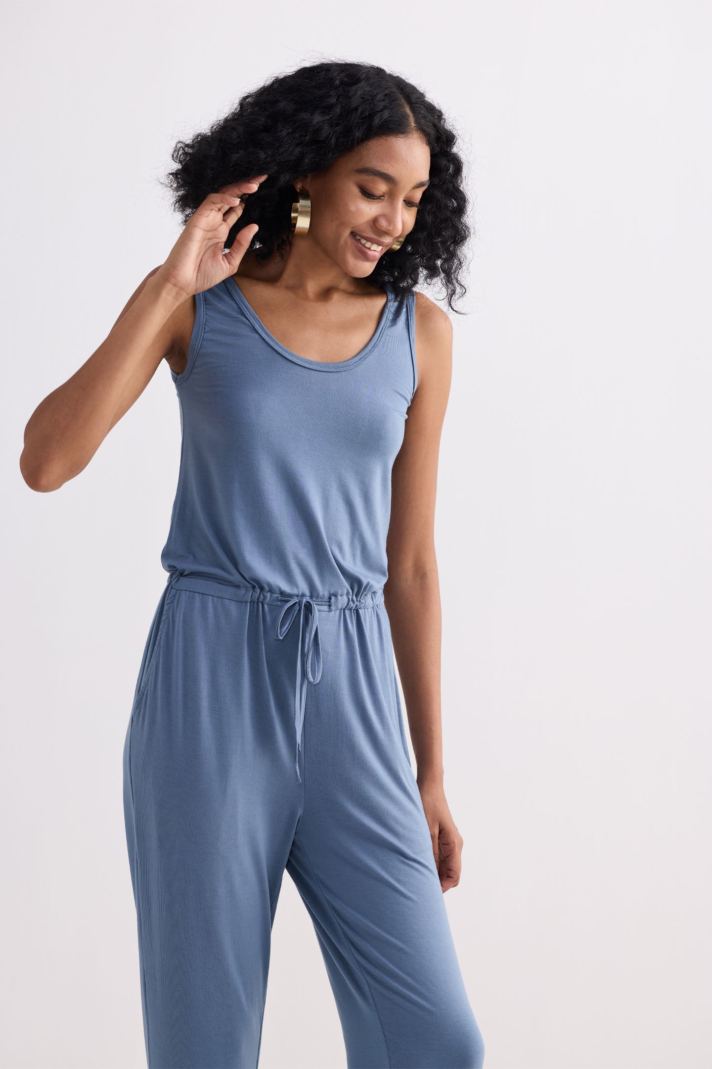 Relaxed Drawstring Jumpsuit in Blue Closeup