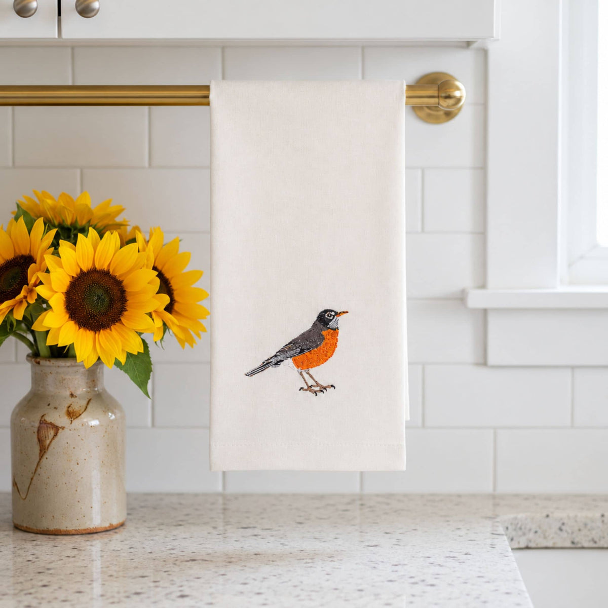 Robin Bird Embroidered Cotton Tea Towel EcoDunia #birds_robin