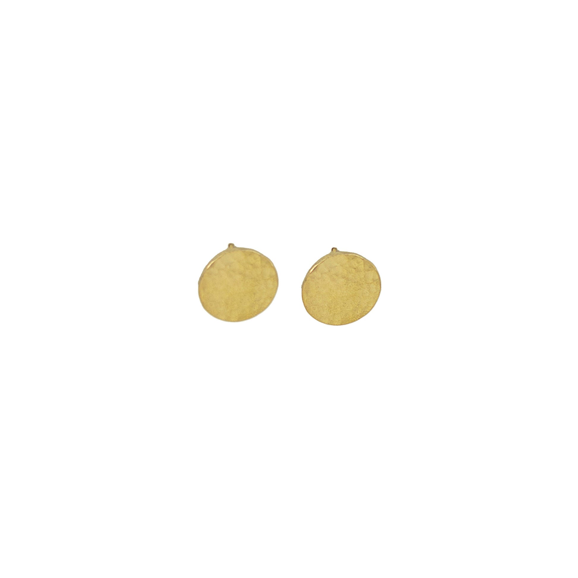 Poa hammered brass disc post earrings worn on ear