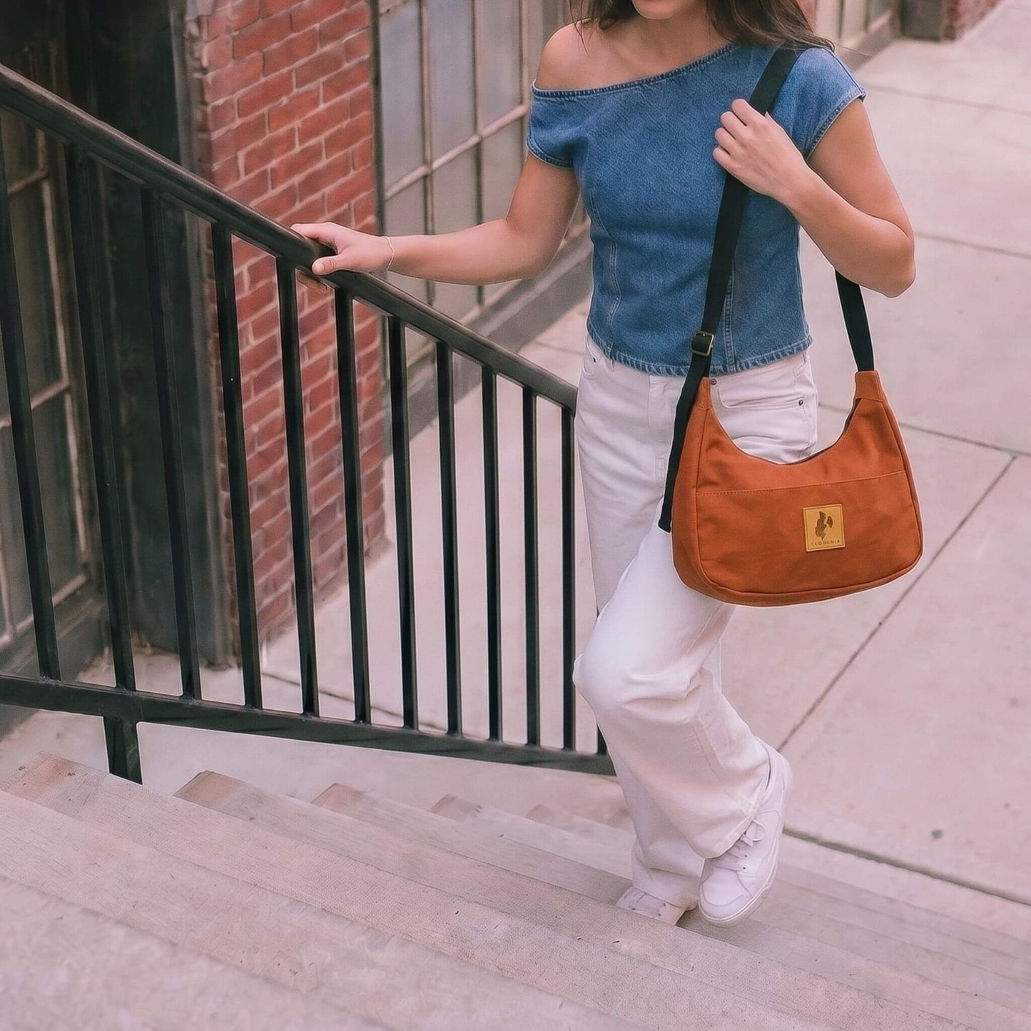 Rust Canvas Shoulder Crescent Bag #color_rust