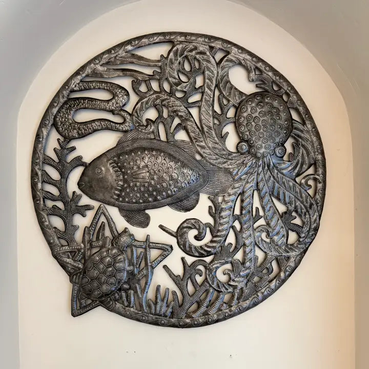 Haitian Sea Life Metal Wall Art 23" Fish Octopus Turtle