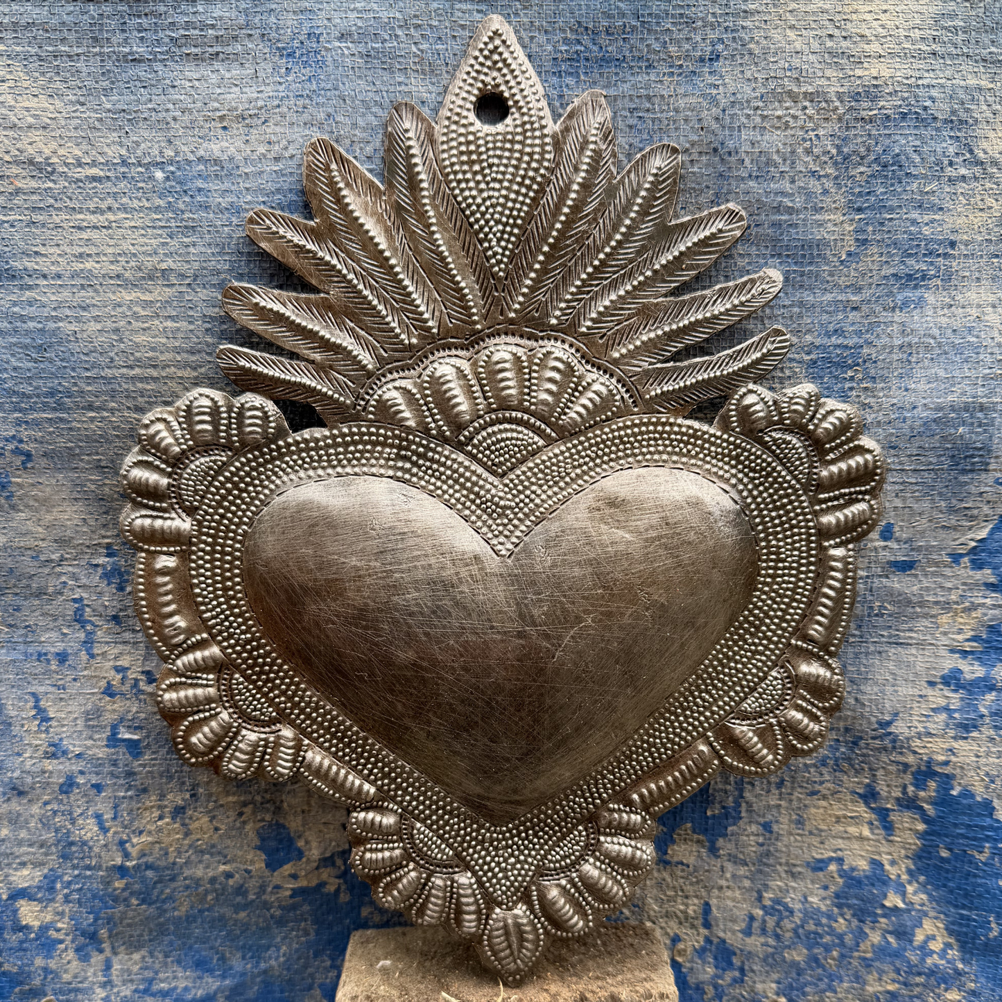 Hand Chiseled Haitian Metal Floral Heart Wall Art  7' X 9"