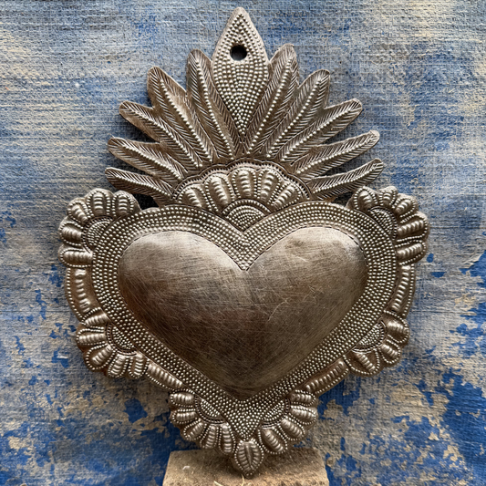 Hand Chiseled Haitian Metal Floral Heart Wall Art  7' X 9"