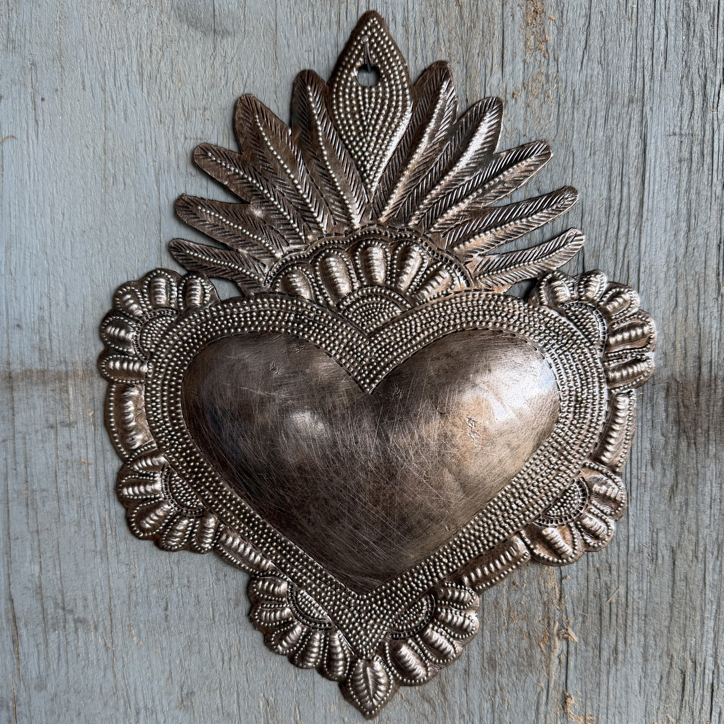 Hand Chiseled Haitian Metal Floral Heart Wall Art  7' X 9"